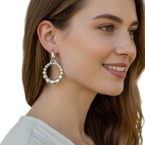 Sterling silver bold ball pattern dangle loop earrings 55mm long