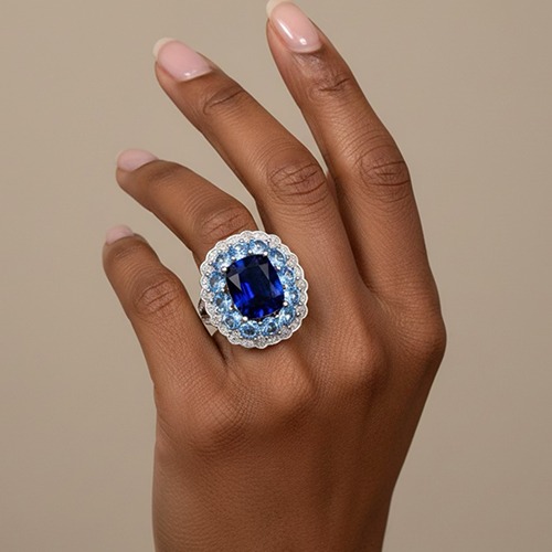 Sterling silver ombre tanzanite blue cubic zirconia princess design ring 22mm wide
