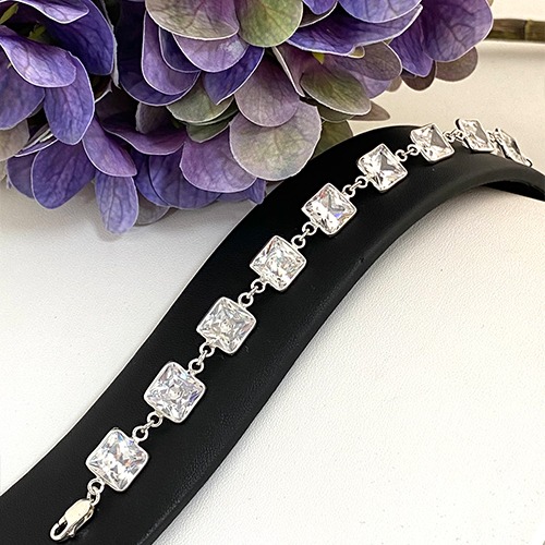Sterling silver linked design square white cubic zirconia bracelet 10mm wide