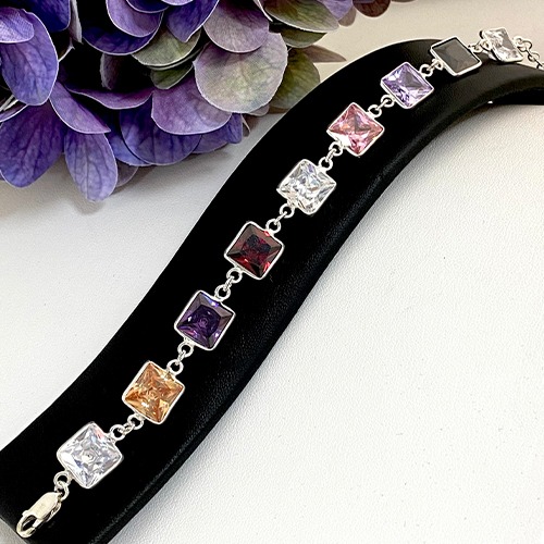 Sterling silver linked design square multicolour cubic zirconia bracelet 10mm wide