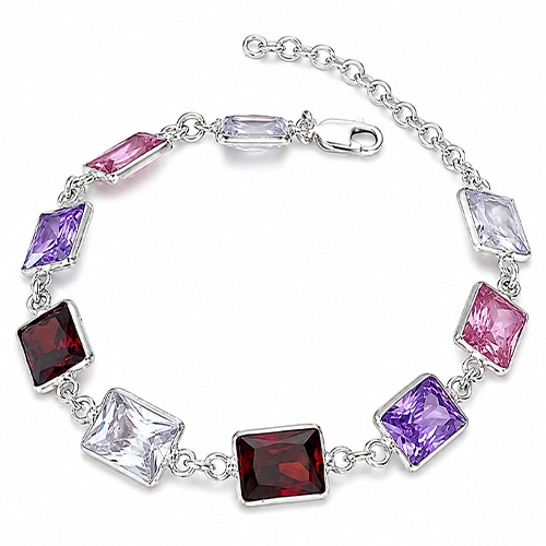 Sterling silver linked design rectangular multicolour cubic zirconia bracelet 10mm wide