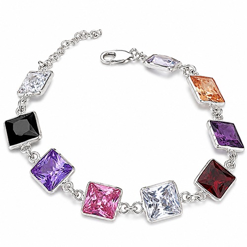 Sterling silver linked design square multicolour cubic zirconia bracelet 10mm wide