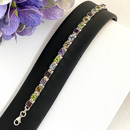 Sterling silver multicolour square shapes gemstone bracelet 5mm wide