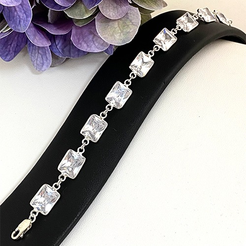 Sterling silver linked design rectangular cubic zirconia bracelet 10mm wide