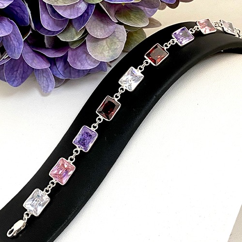 Sterling silver linked design rectangular multicolour cubic zirconia bracelet 10mm wide
