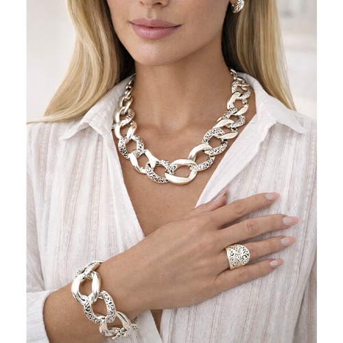 Sterling silver bulky fillagree pattern curb link necklace 25mm wide link