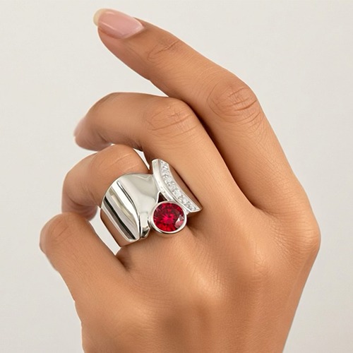 Sterling silver abstract unique design red cubic zirconia ring 20mm wide