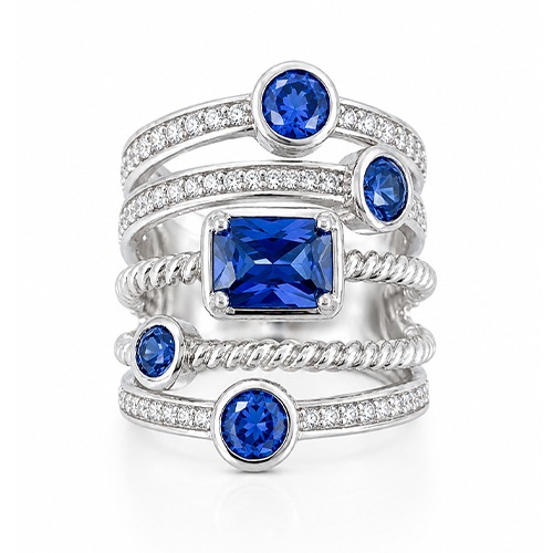 Sterling silver Louis design blue tanzanite cubic zirconia band ring 22mm wide