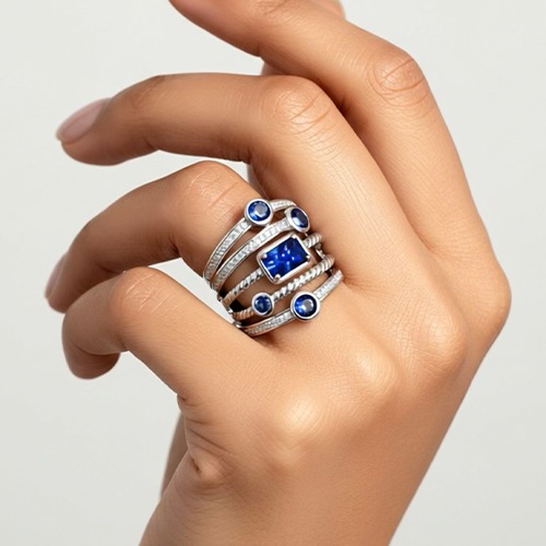 Sterling silver Louis design blue tanzanite cubic zirconia band ring 22mm wide