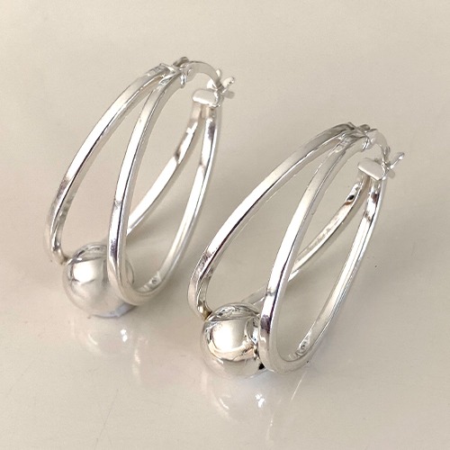 Sterling silver floating silver ball oval hoop earrings 29mm size