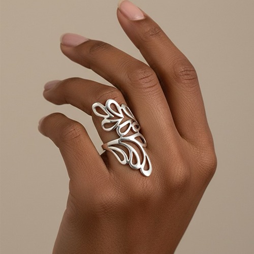Sterling silver flower leaf wrap design ring 25mm wide