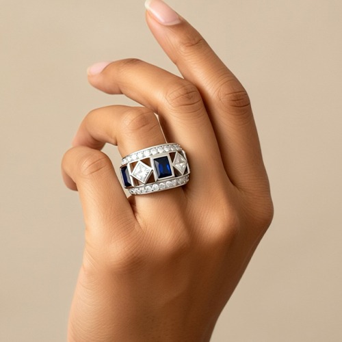 Sterling silver Sophia design blue tanzanite cubic zirconia band ring 15mm wide