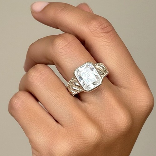 Sterling silver emerald cut stone rope design band ring 17mm wide