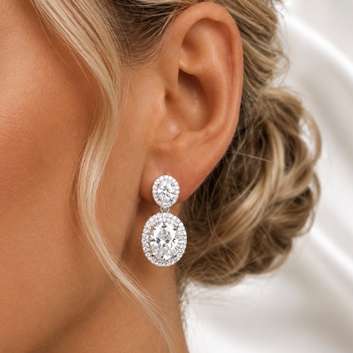 Sterling silver elegant double oval cubic zirconia stone stud earrings 25mm long