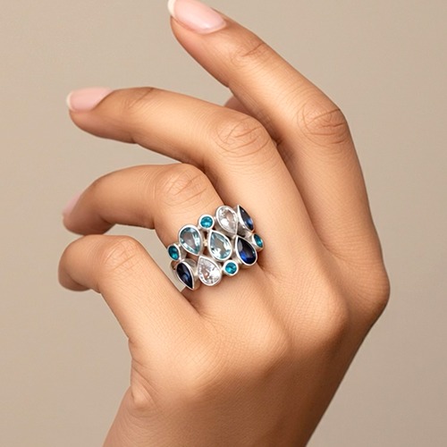 Sterling silver unity teardrops colours of the ocean cubic zirconia band 16mm wide