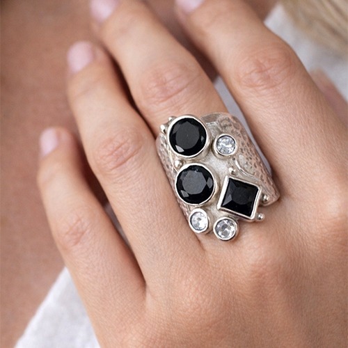 Sterling silver Melanie design black & white cubic zirconia bulky band ring 27mm wide