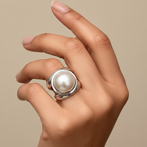 Sterling silver bulky setting double band white mabe pearl ring 18mm wide