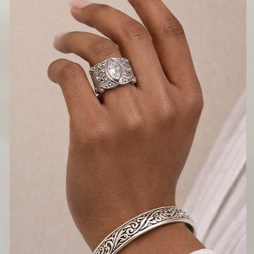 Sterling silver antique vintage style marquise cubic zirconia band ring 15mm wide