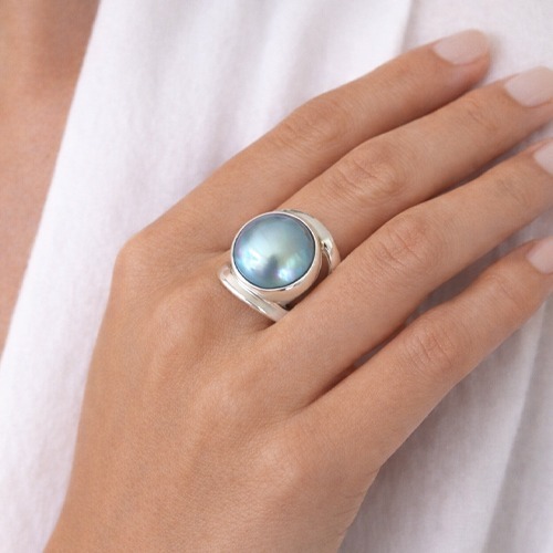 Sterling silver double band blue Mabe pearl ring 20mm wide