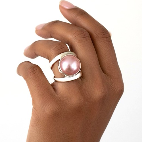 Sterling silver double band pink Mabe pearl ring 20mm wide
