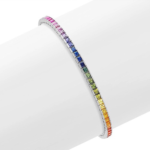 Sterling silver rainbow multicolour square design cubic zirconia tennis bracelet 3mm wide