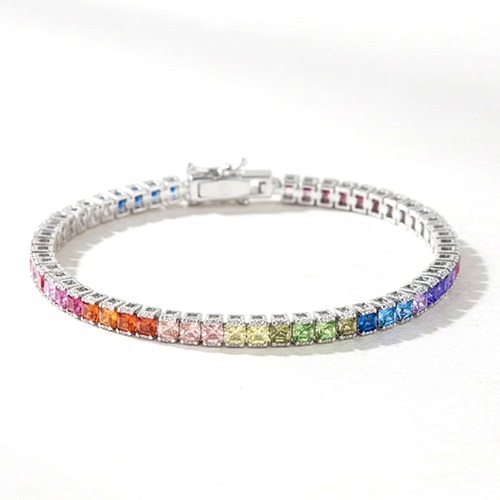 Sterling silver rainbow multicolour classic design cubic zirconia tennis bracelet 3mm wide