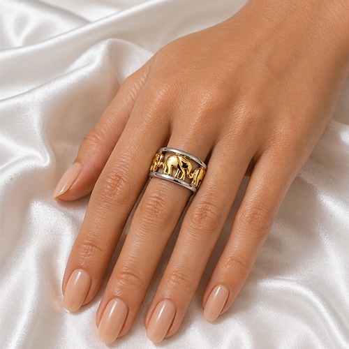 Sterling silver Elephant trio gold plated band ring 11mm wide - Image 2