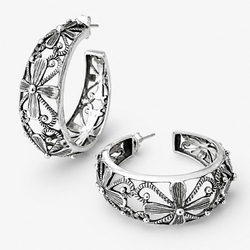 Sterling silver bold ornate fillagree design stud hoop earrings 38mm size