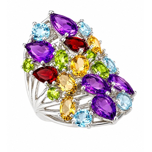 Sterling silver cluster design multicolour gemstone wide ring 30mm wide