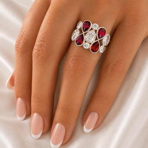Sterling silver unity teardrops red & white cubic zirconia band ring 16mm wide