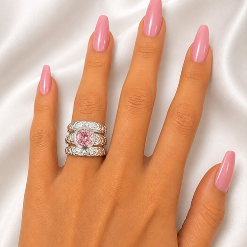Sterling silver Carol design triple fillagree pink cubic zirconia band ring 18mm wide