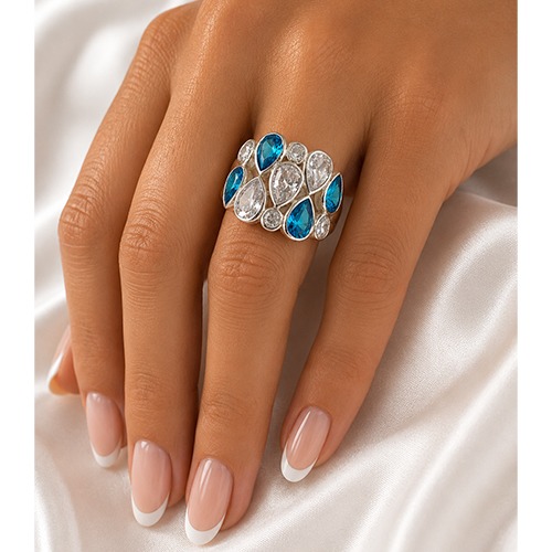 Sterling silver unity teardrops turquoise blue & white cubic zirconia band ring 16mm wide