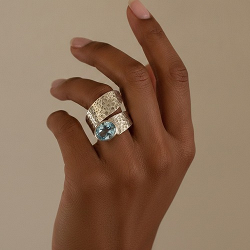 Sterling silver double wrap design aquamarine blue gemstone band ring 20mm wide