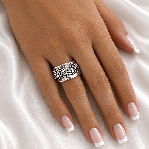 Sterling silver multiple roses design band ring 15mm wide