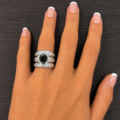 Sterling silver Carol design triple fillagree black cubic zirconia band ring 18mm wide