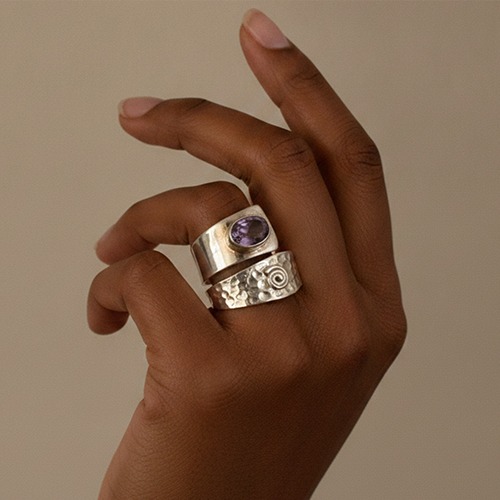 Sterling silver double wrap design Amethyst gemstone band ring 20mm wide