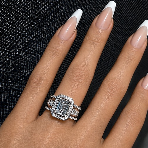 Sterling silver Emma design emerald cut cubic zirconia band ring 14mm wide