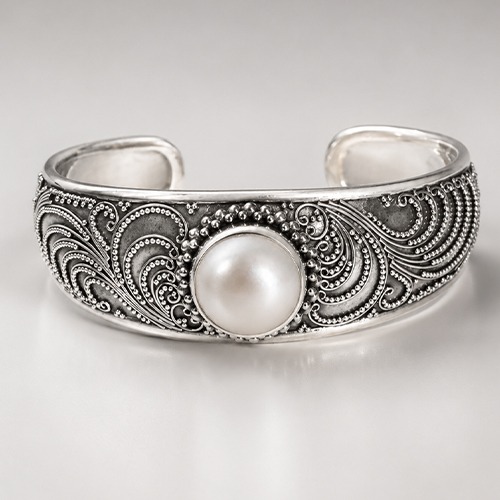 Sterling silver Olivia design mabe pearl fillagree cuff solid bangle 20mm wide