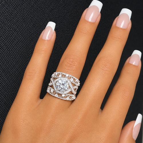 Sterling silver Fleur design stack band ring (3 rings) 17mm wide