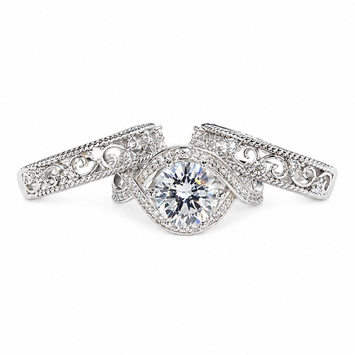Sterling silver Fleur design stack band ring (3 rings) 17mm wide - Image 2