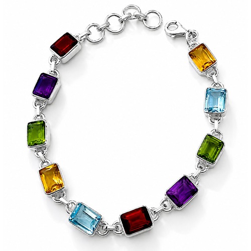 Sterling silver multicolour emerald cut gemstone bracelet 7mm wide