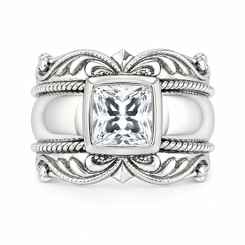 Sterling silver Aven design square cubic zirconia vintage bulky band ring 16mm wide