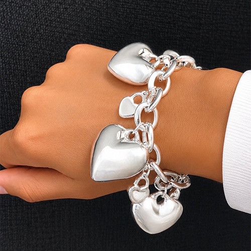 Sterling silver Bulky multiple heart charm bracelet 30mm wide