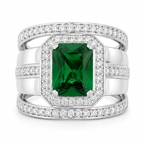 Sterling silver Ria design rectangular green emerald cubic zirconia band ring 17mm wide