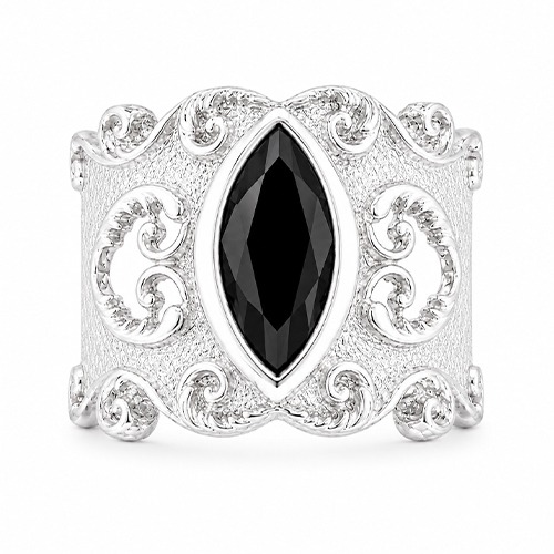 Sterling silver Arabella design Vintage marquise black cubic zirconia band ring 15mm wide