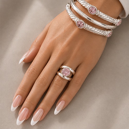 Sterling silver Adel design double band pink cubic zirconia 16mm wide - Image 3