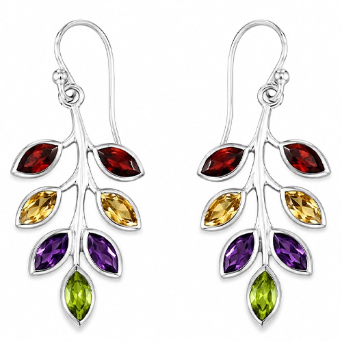Sterling silver branch design multicolour gemstone hanging earrings 40mm long