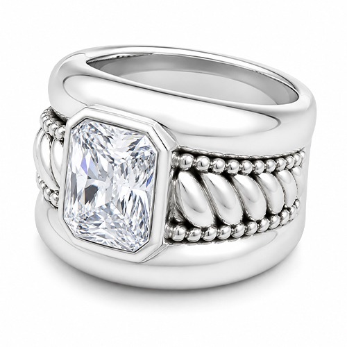 Sterling silver Cornelia design bulky rectangular cubic zirconia band ring 17mm wide - Image 2