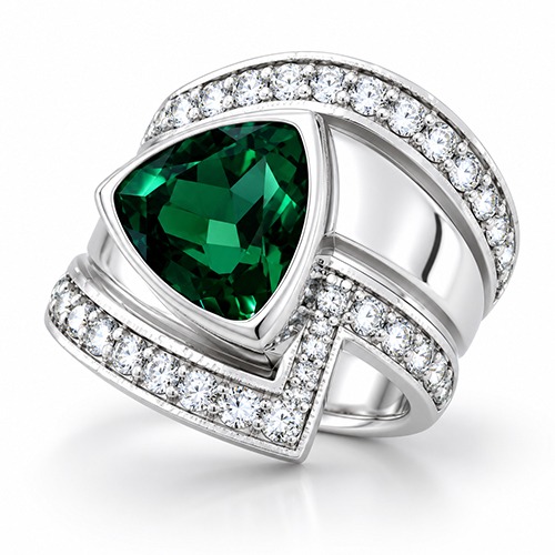 Sterling silver Dallis design triangle emerald green cubic zirconia band ring 20mm wide - Image 2
