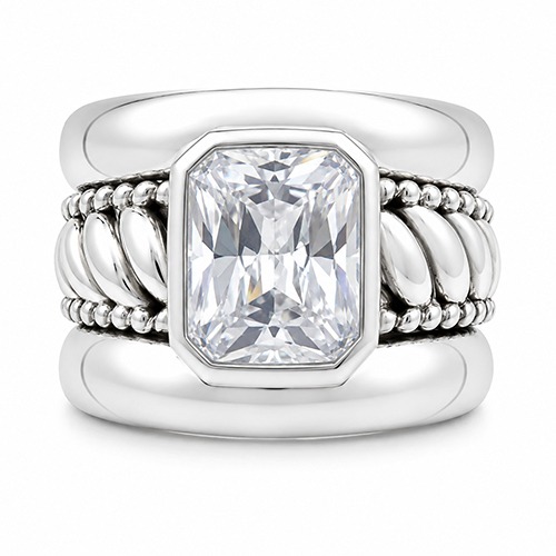 Sterling silver Cornelia design bulky rectangular cubic zirconia band ring 17mm wide